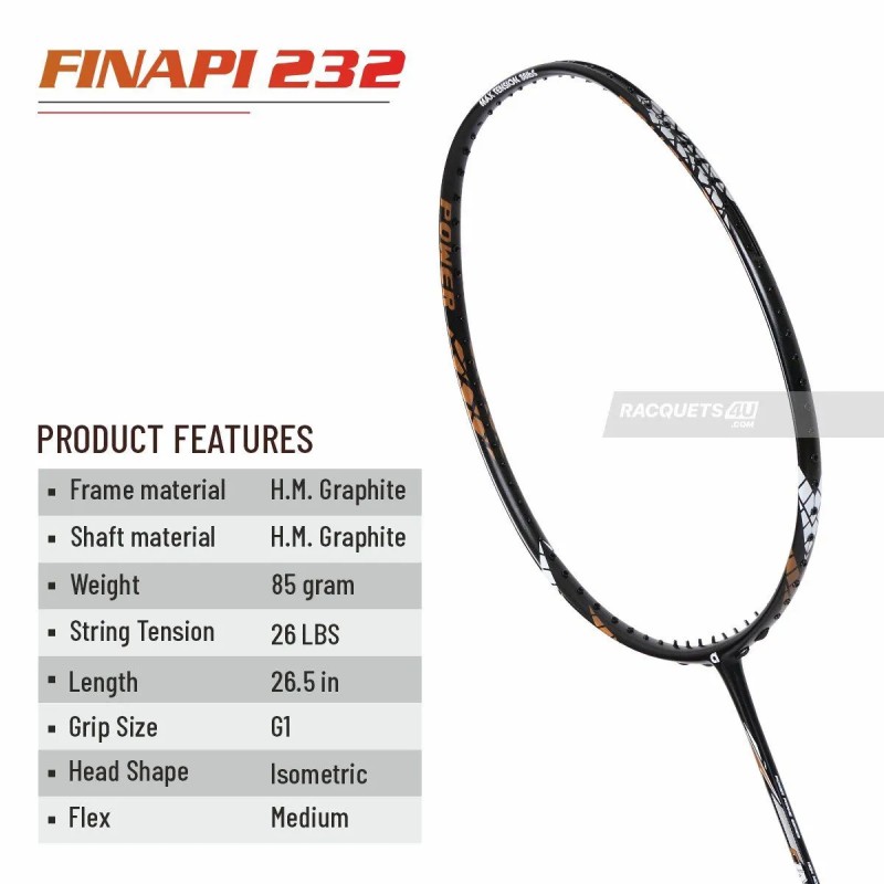 APACS Finapi 232 Badminton Racquet (Unstrung, Black)