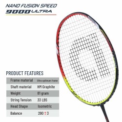 APACS Nano Fusion Speed 9000 Ultra Badminton Racquet (Unstrung, Yellow/Red)