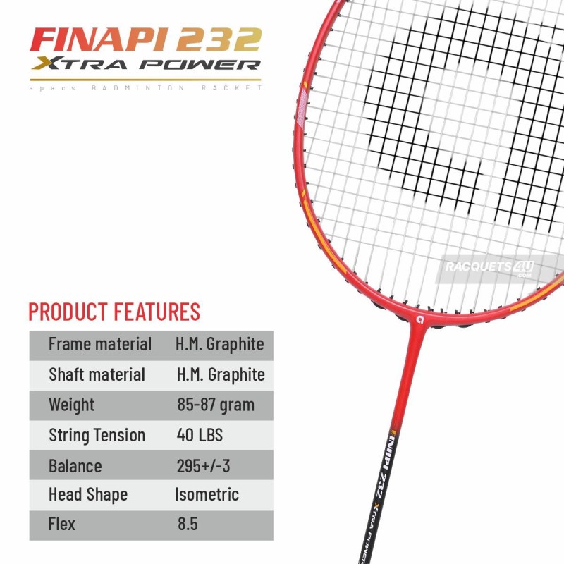 APACS Finapi 232 Xtra Power Badminton Racquet (Unstrung, Black/Red)