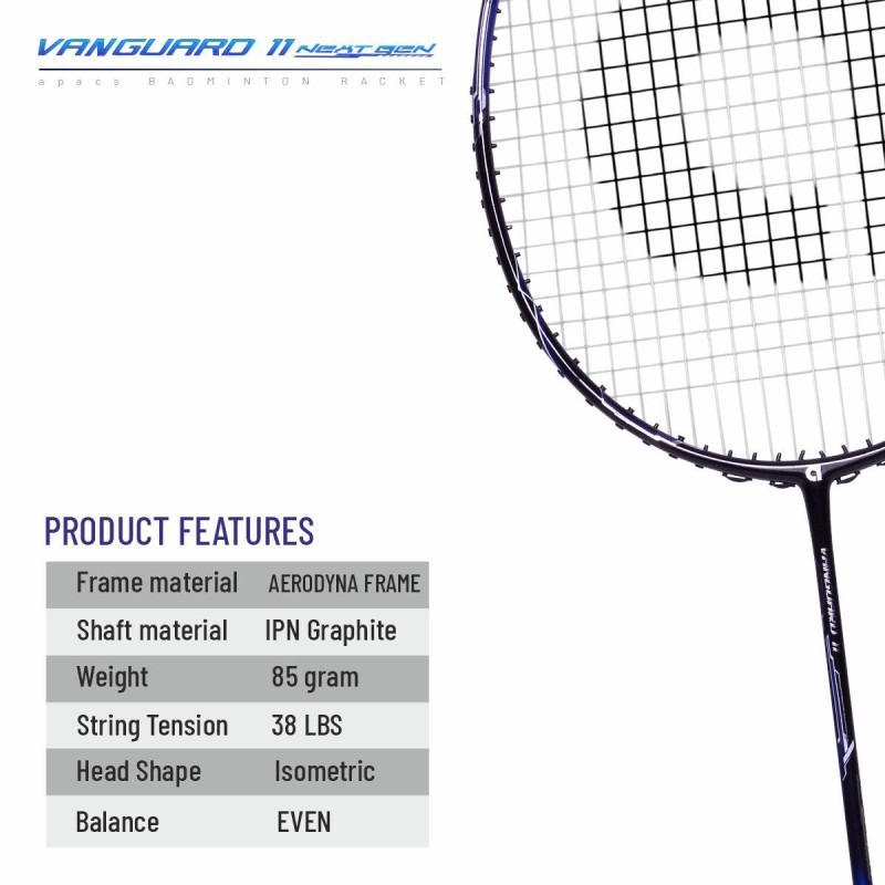 APACS Vanguard 11 Next Gen Badminton Racquet (Unstrung, Black/Royal Silver)