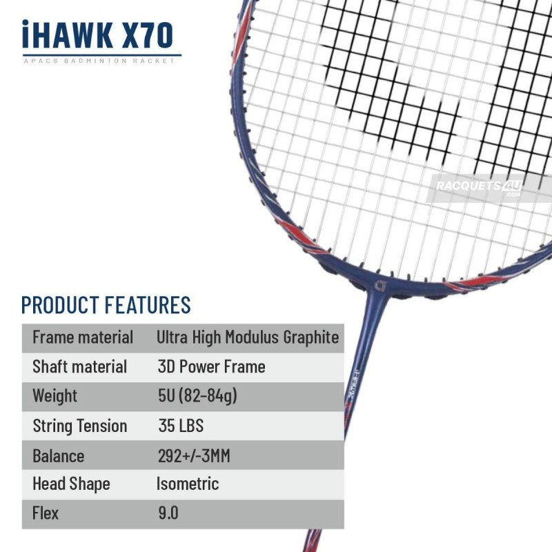 APACS iHawk X70 Badminton Racquet (Unstrung, Navy)