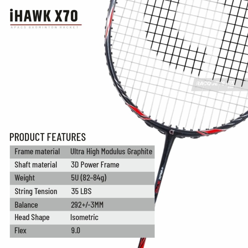 APACS iHawk X70 Badminton Racquet (Unstrung, Black)