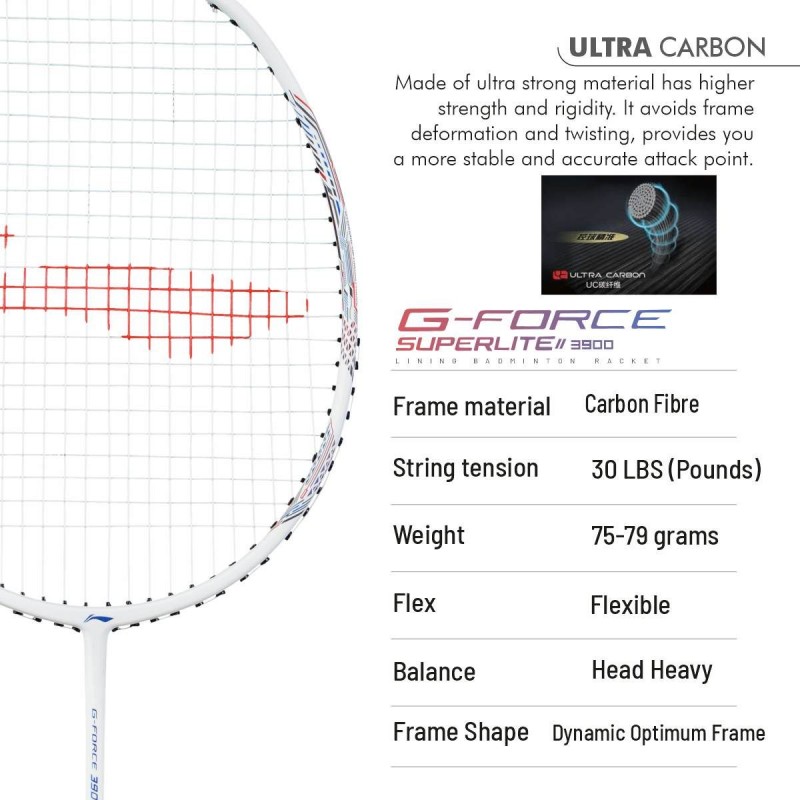 LI-NING G Force 3900 II Superlite Badminton Racquet (White, Unstrung)
