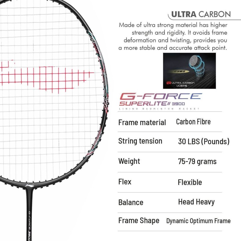 LI-NING G Force 3900 II Superlite Badminton Racquet (Dark Grey, Unstrung)