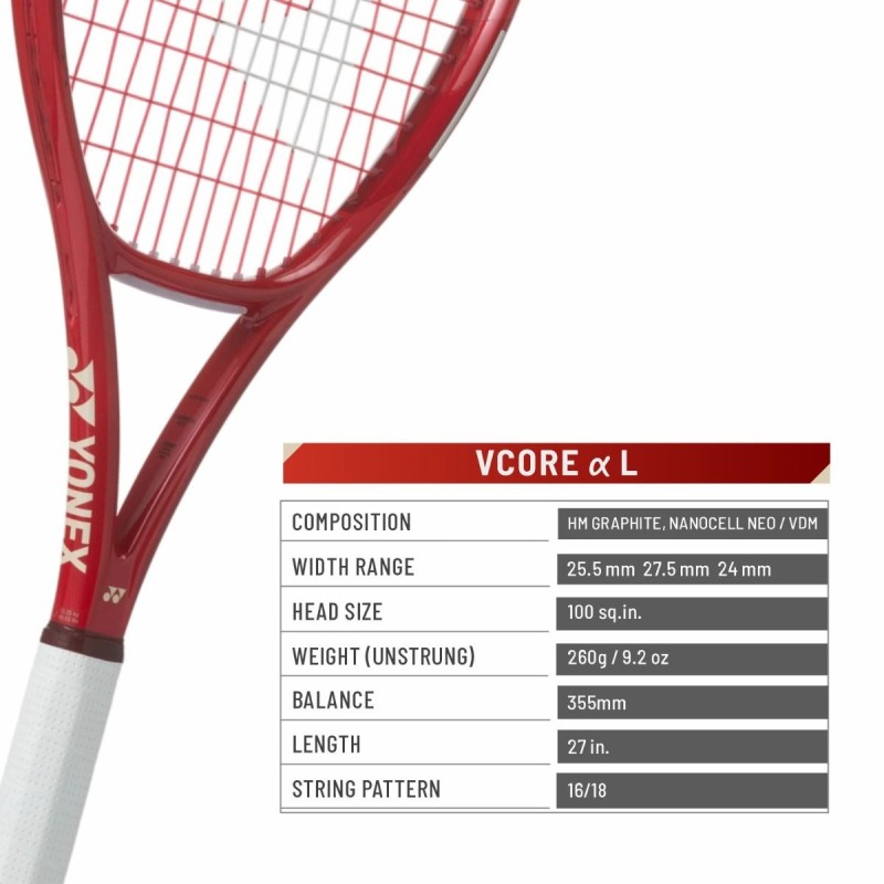 YONEX Vcore Alpha L Tennis Racquet (Ruby Red, Strung)